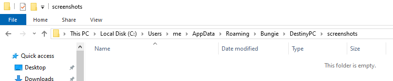 Destiny 2 screenshot path in Windows Explorer