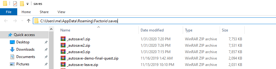 Factorio game saves folder with zipped up save files