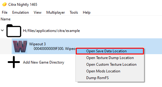 Citra game save data location button