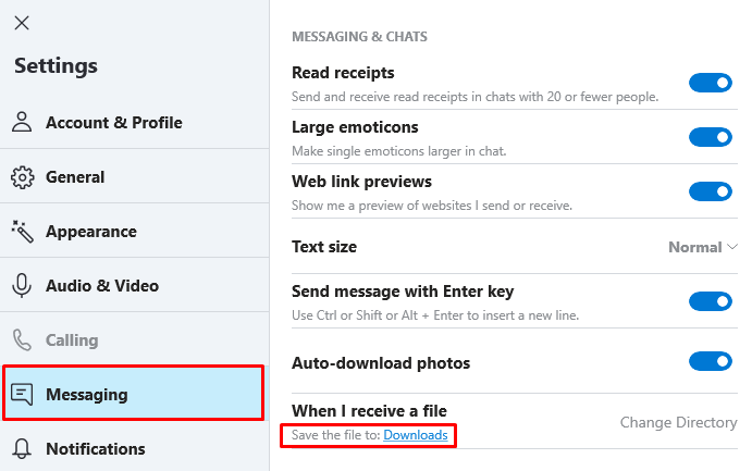 Downloads folder location in Skype