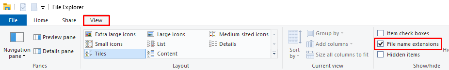 Enabling the file name extensions checkbox in Windows
