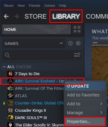 Ark Steam properties button