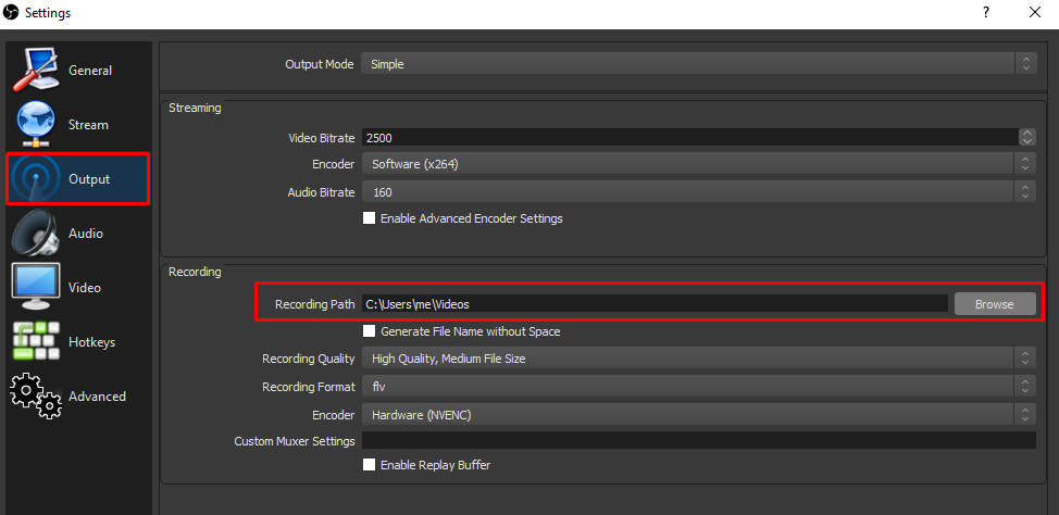 OBS recording folder path highlighted